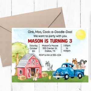 Farm Birthday Invitation: Barnyard Animals, Blue Truck