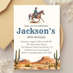 Western Cowboy Birthday Invitation, Rustic Rodeo Invitation, Cowboy Invitation, Adult Birthday Party Invite