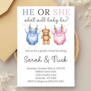 Gender Reveal Invitation, Gender Reveal Invite, Boy or Girl, He or She Invitation