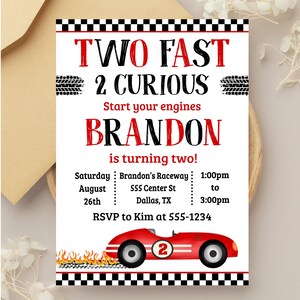 Dos invitaciones de cumpleaños rápidas: Fiesta de autos de carreras rojos