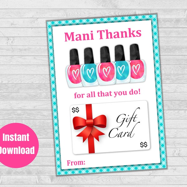 Mani Thanks Gift Card Holder, Manicure, Pedicure, Spa, Gift Card Holder, Teacher Gift Card, Teacher Appreciation