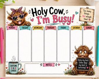 Highland Cow Weekly Planner Printable, Holy Cow I'm Busy Planner, Funny Weekly Schedule, Cute Cow Planner, Instant Download