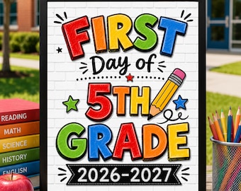 First Day of 5th Grade Sign, First Day of School Printable, Back to School Sign, School Sign, Primary Colors, Instant Download