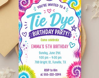 Tie Dye Birthday Invitation,  Girls Tie Dye Party, Retro Party Invite, Tie Dye Party Invitation