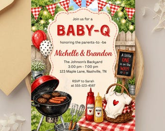 Baby Q Baby Shower Invitation, BBQ Baby Shower Invite, Summer Cookout Baby Shower, Red Gingham Baby-Q Party, Backyard Baby Q Invitation