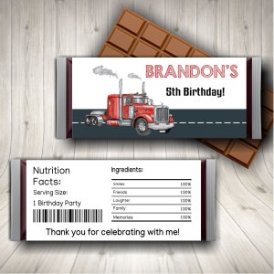 Red Semi Truck Birthday Candy Bar Wrapper