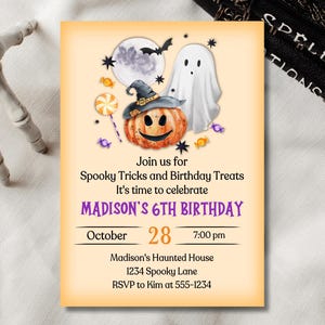 Spooky Tricks Halloween Birthday Invitations, Halloween Birthday Party, Ghost Birthday Invitation, Pumpkin Invitation