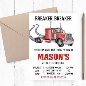 Semi Truck Invitation, Semi Truck Party, Semi Truck Birthday, Semi Truck Invites, Red Semi Truck, Big Rig