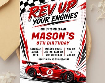 Race Car Invitation, Red Race Car Birthday Invite, Racing Party Invitation, Rev Up Your Engines
