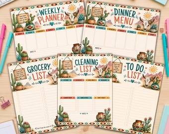 Southwest Planner,  Desert Boho Weekly Planner, Western Planner,  Meal Planner, Grocery List, Cleaning List, To Do List, Instant Download