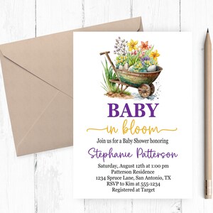 Blumen-Schubkarre-Babyparty-Einladung: Baby in der Blüte