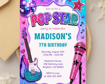 Pop Star Invitation, Pop Star Party, Rockstar Birthday Invite Template, Music Theme Party Invite