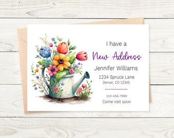 New Address Announcement Card, New Address Card, Moving Announcement, We've Moved Card, Watering Can Flowers