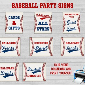 Op de afbeelding: Een verzameling honkbal-themafeestborden met teksten als "Kaarten & Cadeaus" en "Welkom All Stars". De borden zijn ontworpen als honkballen, met rode stiksels en een crèmekleurige achtergrond. Inclusief een printer.