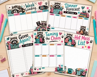 Raccoon Planner Bundle, Funny Printable Planner, Weekly Planner, Meal Planner, Grocery List, Cleaning List, To Do List, Instant Download