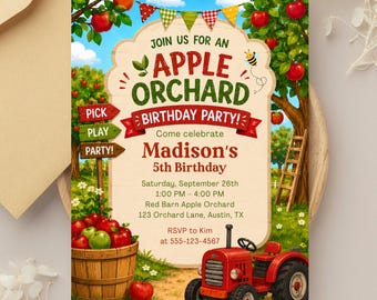 Apple Orchard Birthday Invitation, Apple Picking Party Invite, Fall Birthday Invitation,  Autumn Birthday Invite
