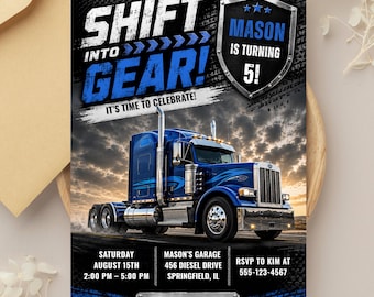 Semi Truck Birthday Invitation, Big Rig Birthday Invite, Truck Party Invitation, Blue Semi