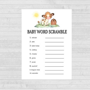 Mucca Baby Shower Word Scramble, Gioco Baby Shower, Gioco Baby Shower stampabile, Mucca Baby Shower, Mucca sacra,
