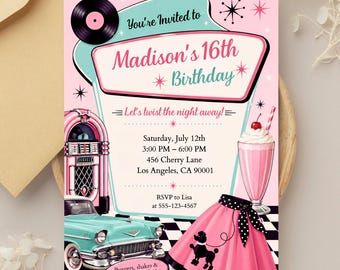 50’s Party Invitation, Retro Diner Birthday Invite, Rock and Roll Party Invitation, Sock Hop Invite