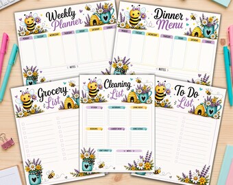 Cute Bee Planner Bundle, Funny Planner, Weekly Planner, Meal Planner, Grocery List, Cleaning List, To Do List, Instant Download