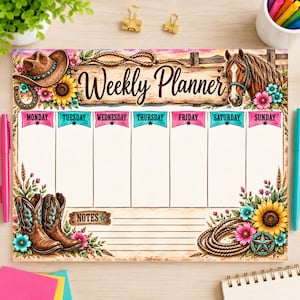 May include: A weekly planner notepad featuring a rustic wooden sign header with the text Weekly Planner, a brown horse, a cowboy hat, sunflowers, and a lasso. The grid includes seven columns for days of the week and a lined section for notes.