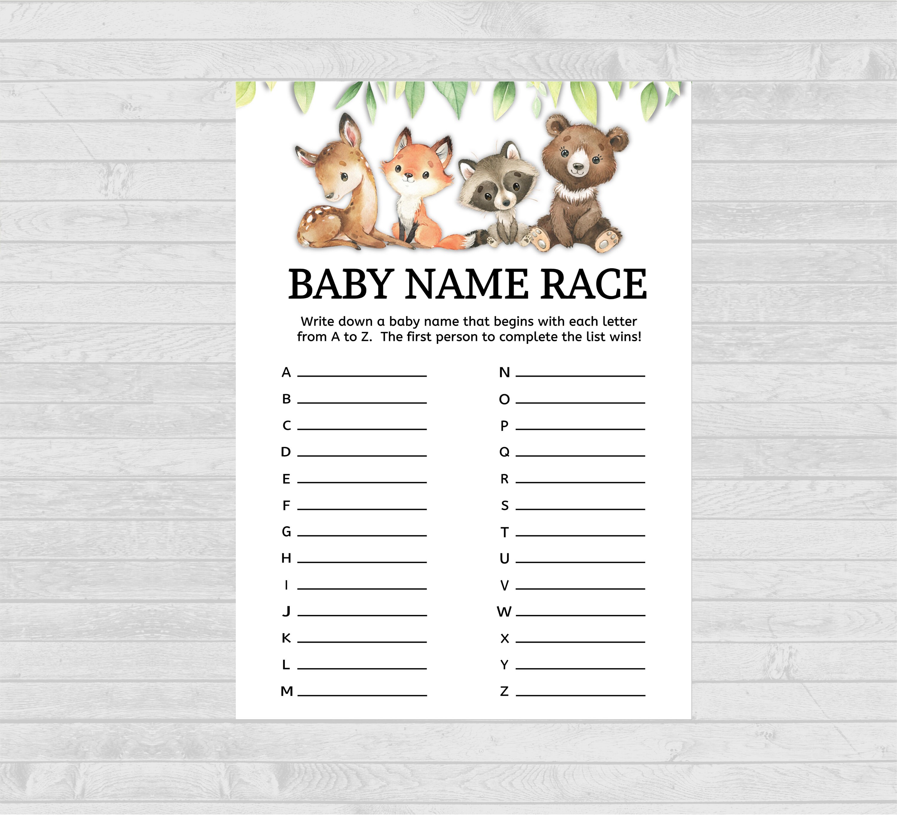 Woodland Baby Name Race Game Baby Shower Game Baby Shower Etsy