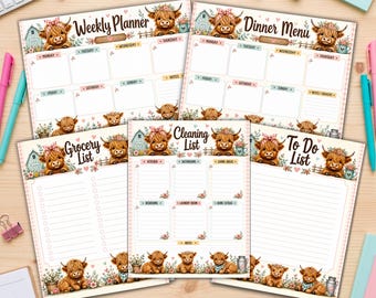 Highland Cow Planner Bundle, Cute Farmhouse Planner,  Meal Planner, Grocery List, Cleaning List, To Do List, Instant Download