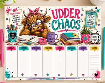 Udder Chaos Weekly Planner Printable, Funny Highland Cow Planner, Cute Cow Weekly Schedule, Instant Download