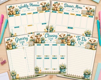 Highland Cow Planner,  Duck Planner, Farmhouse Weekly Planner, Meal Planner, Grocery List, Cleaning List, To Do List, Instant Download