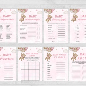 Jogos de chá de bebê com balão de urso, podemos esperar o pacote de jogos de chá de bebê, chá de bebê com urso, jogos de chá de bebê com urso boho para meninas