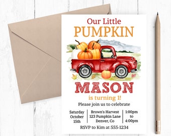 Little Pumpkin Birthday Invitation, Pumpkin Birthday, Fall Pumpkin Invite, Truck Birthday Party, Red Truck