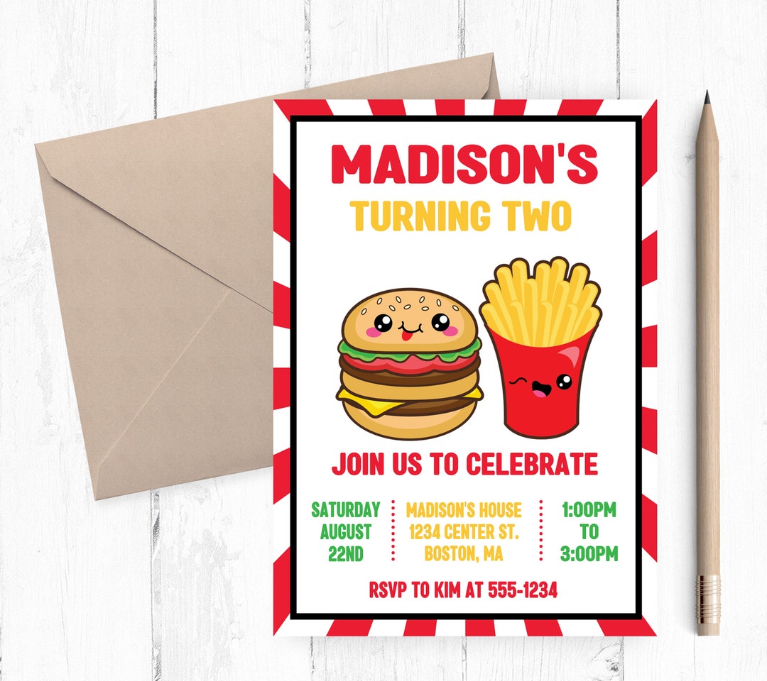 Cheeseburger Birthday Invitation, Hamburger Birthday Invitation, Burger