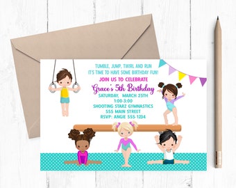 Gymnastics Invitation, Gymnastics Party, Gymnastics Birthday, Tumbling Party, Boy and Girl Party -