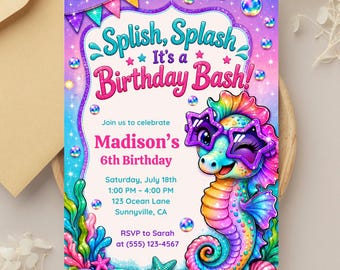 Under the Sea Invitation, Seahorse Party Invite, Splish Splash Birthday Bash, Ocean Birthday Invitation