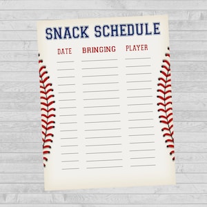 Printable Baseball Snack Schedule Sign Up Sheet, Baseball Snack Schedule, Game Day Snack Schedule