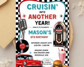 50’s Party Invitation, Retro Diner Birthday Invite, Rock and Roll Party Invitation, Cruisin' into Another Year