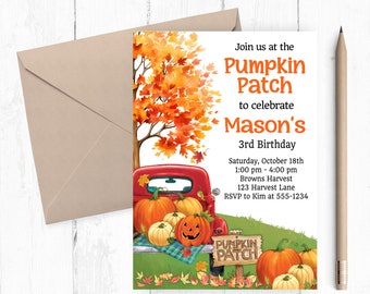 Pumpkin Patch Invitation, Pumpkin Birthday, Fall Pumpkin Invite, Truck Birthday Party, Pumpkin Patch, Red Truck