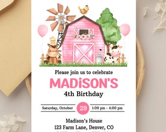 Girl's Pink Barn Birthday Invitation: Farm Animals Party