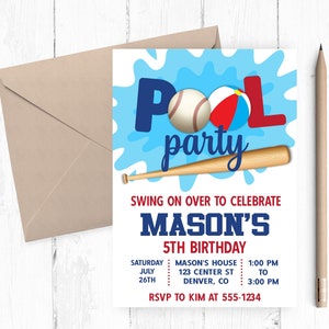 Baseball Pool Party Invitation, Baseball Party, Baseball Birthday, Sports Party,  Swimming Party