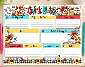 Chicken Quick Notes, Chicken Planner, Sassy Chicken Notes Page, Daily Planner, Chicken Brain Dump, Instant Download