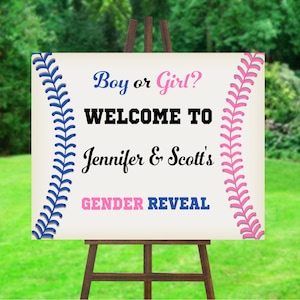 May include: A gender reveal sign with a baseball theme. It says "Boy or Girl? Welcome to Jennifer & Scott's Gender Reveal".