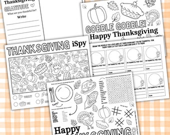 May include: A black and white printable Thanksgiving activity pack with coloring pages, a word search, a 'I'm thankful for you' card template, and a 'Thanksgiving iSpy' game.