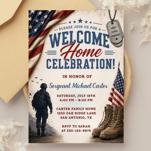Pode incluir: Convite para uma celebração de boas-vindas, com um design de bandeira americana. O texto diz "Welcome Home Celebration!" e fornece detalhes para o evento do Sargento Michael Carter, incluindo data, hora e local.
