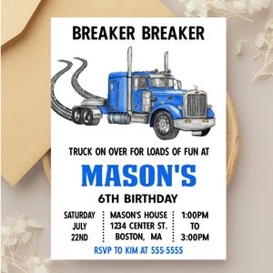 Blue Semi Truck Birthday Invitation