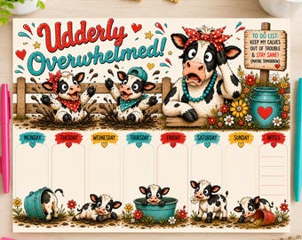 Cow Weekly Planner, Udderly Overwhelmed Planner, Funny Cow Planner, Busy Mom Planner, Instant Download