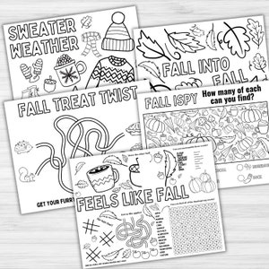 Fall Activity Placemats, Fall Coloring Pages, Fall Activity Sheets, Fall Activity Placemat Pack, 5 Pages