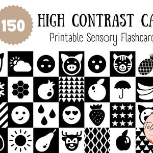 150 High Contrast Cards, Black and White, Montessori, Visual Stimulation, Newborn Baby Development, Sensory Flashcards, Customizable, Value