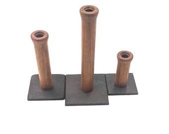 3 Vintage bobbin tops mounted on black wood base 7, 5 + 3 inches tall! Great for craft projects, no two the same!