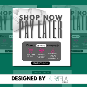 Puede incluir: Un diseño gráfico para una publicación en redes sociales que promociona las opciones de "Compra ahora, paga después". El diseño presenta un recibo con el texto "Compra ahora, paga después" en letras grandes y en negrita. El diseño también incluye logotipos de Klarna, Zip Pay y Afterpay, junto con texto que describe los beneficios de cada opción de pago. El diseño está sobre un fondo verde.