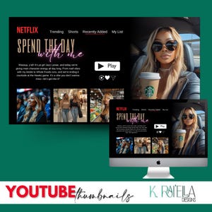 May include: A mock-up of a Netflix screen with the text "Spend the Day with Me" in pink neon lettering. The screen shows a woman in a black leather jacket and sunglasses holding a cup of coffee. The screen also shows a collage of images of the woman in different locations, including a grocery store, a basketball game, and a shopping mall. The text "Wassup, y'all! It's ya girl Jazz Lanae, and today we're giving main character energy all day long. From mall vibes with my bestie to Whole Foods runs, and we're ending it courtside at the Hawks game. It's a vibe you don't wanna miss-let's get into it!" is displayed below the title.